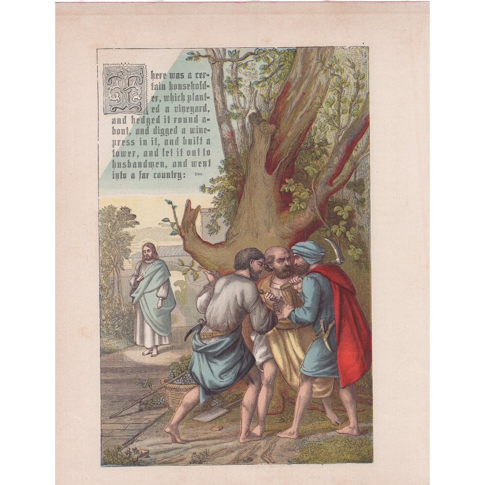 Parable Print Antique Bible 1880s Religion Wicked Husbandmen Unforgiving Servant